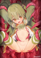 1girl breasts brown_eyes censored commentary_request frown green_hair green_jacket highres imminent_penetration jacket long_hair mosaic_censoring nasuuni nipple_stimulation open_mouth original penis_tentacle petite pussy restrained small_breasts solo spread_legs striped_clothes striped_thighhighs tearing_up tentacle_pit tentacles thighhighs