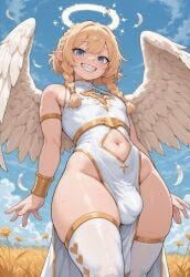 1boy ai_generated angel blonde_hair braided_hair bulge feathered_wings femboy gold_trim halo looking_at_viewer navel_cutout pointy_ears sharp_teeth sky smile solo solo_male thick_thighs thighhighs twin_braids white_dress wide_hips wings