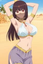 1girl ai_generated arabian_clothes armlet armpits arms_behind_head arms_up bare_shoulders blue_sky bracelet breasts brown_hair cleavage cowboy_shot dancer desert digitalwaifugallery harem_outfit hi_res high_quality high_resolution jewelry large_breasts long_hair looking_at_viewer midriff mouth_veil navel outdoors patreon please_don't_bully_me,_nagatoro red_eyes sana_sunomiya sand seductive sexy skirt sky smile solo stomach uncensored veil watermark