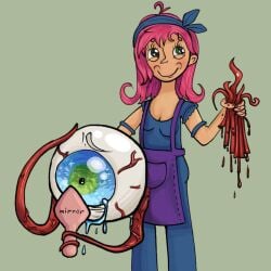 1:1 accessory ambiguous_gender apron bald blood blue_clothing bodily_fluids breasts clothing crying despair dismemberment duo earless eldritch_abomination eldritch_being eye_creature eye_of_cthulhu_(terraria) eyebrows eyelashes fail female funny_face glistening glistening_eyes gore green_eyes hair hair_accessory hand_on_forehead hand_on_head headband heterochromia holding_forehead human humor limb_loss looking_at_mirror looking_at_object male male/female male_(lore) mammal meme mirror monster multicolored_eyes nacurenyzernomex not_furry organ_creature pain pink_hair pseudo_hair purple_clothing ruffled_sleeves sadistic_smile shocked simple_background smug_expression smug_face smug_grin smug_smile stylist_(terraria) suffering tears tentacle_hair tentacles terraria toony toony_expression vein