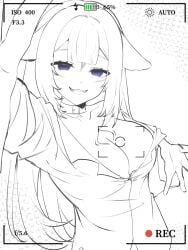 1girls battery_indicator battery_life black_and_white boob_window boobs breasts breasts_focus choker fake_video holding_camera large_breasts long_hair looking_at_viewer recording recording_video shylily smile smiling_at_viewer solo_female virtual_youtuber vtuber vtuberfanart wip work_in_progress
