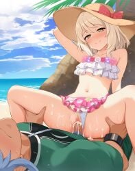 1boy 1girl absurdres after_sex alice_(queen_of_the_beach)_(tales) alice_(tales) arm_up beach bikini bikini_bottom_pull blonde_hair blue_hair blue_sky blush bodysuit bow bowtie censored closed_mouth clothed_sex clothes_pull collarbone colored_pubic_hair commission cowgirl_position cuffs cum cum_in_pussy cum_on_body cum_on_legs cum_on_self diving_suit eyes_out_of_frame female_pubic_hair floral_print floral_print_bikini flower frilled_bikini frills girl_on_top half-closed_eyes hat head_out_of_frame hetero hibiscus_petals highres holding_another's_legs long_hair looking_down male_pubic_hair male_swimwear mosaic_censoring motion_lines muscular muscular_male navel ocean official_alternate_costume outdoors palm_tree penis pink_flower print_bikini pubic_hair purple_flower red_bow red_bowtie red_flower regal_bryant regal_bryant_(swimmer) sand sex short_hair sky smile stomach straddling sun_hat sweat swimsuit tales_of_(series) tales_of_asteria tales_of_link tales_of_symphonia tales_of_symphonia_knight_of_ratatosk tales_of_the_rays tree tsuruyama_(tenten) vaginal wetsuit white_bikini white_flower wrist_cuffs yellow_eyes zipper