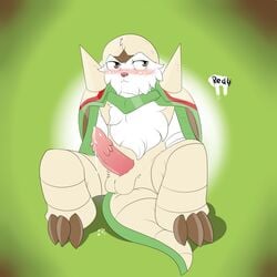 1boy anthro balls barbs blush chesnaught chest_tuft dripping erection fur looking_away male male_only nintendo penis pokemon precum redfoxsoul signature sitting solo spread_legs spreading tuft video_games