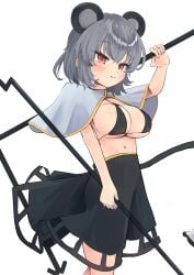 1girl 1girls 4_ears animal_ears animal_tail bare_legs bare_shoulders bare_thighs basket belly belly_button big_breasts bikini bikini_top black_bikini black_shoes black_skirt blush blush_lines blushing blushing_at_viewer capelet cleavage cowboy_shot extra_ears from_side grey_hair half-dressed hi_res high_resolution highres looking_at_viewer miniskirt mouse mouse_ears mouse_girl mouse_tail navel nazrin rat rat_ears rat_girl rat_tail red_eyes shinonome_zakuro short_hair side_view skirt smile smile_at_viewer smiley_face sole_female solo solo_female solo_focus sparkle sparkles sparkling_eyes standing stomach tail touhou underwear white_background youkai