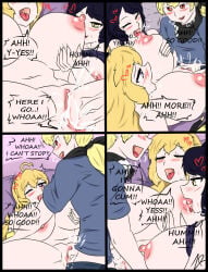 1boy 2girls big_breasts bisexual_female black_hair black_hair_female blake_belladonna blonde_female blonde_hair breasts half-dressed half_naked half_naked_female long_hair long_hair_female nude_female original_character penetration rwby spread_legs sucking_nipples yang_xiao_long zronku