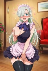 1girls ai_generated blue_eyes blush breasts breasts_out earrings elizabeth_liones empty_eyes female_masturbation female_only fingering goddess hypnosis indoors lingerie long_hair long_hair_female maid maid_apron maid_headdress maid_outfit maid_uniform masturbation mind_control nanatsu_no_taizai pussy_juice standing_masturbation timebreaker_(generator) touching_breast touching_pussy touching_self white_hair