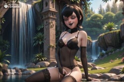 1girls ai_generated arm_support artist_name bare_shoulders black_gloves black_hair black_lips black_nails black_thighhighs bra breasts bridal_gauntlets cleavage closed_eyes covered_navel day elbow_gloves eyeshadow female female_human female_masturbation female_only garter_belt gloves grass hi_res hotel_transylvania lingerie lipstick makeup masturbation mavis_dracula medium_breasts open_mouth outdoors pale_skin pussy r34arts see-through short_hair sitting smile solo teeth thighhighs tree underwear vampire vampire_girl vampire_teeth water waterfall