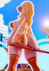 3d 3d_render aequdsama ass backwards_cap baseball_bat baseball_field bikini black_clover bubble_gum butt female from_behind holding_baseball_bat knee_socks looking_back magispheres mimosa_vermillion number number_tattoo orange_bikini solo stadium string_bikini striped_socks sunny text thick_thighs thighs yellow_eyes