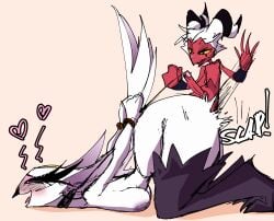 1boy 1girls all_fours ass avian avian_humanoid belt breast_press colored coolerinker demon heart helluva_boss inker_comics inkershike intersex maledom moxxie_(helluva_boss) restrained sex size_difference sketch spanking stella_(helluva_boss) white_body