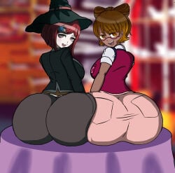 2girls big_ass brown_hair clothing danganronpa danganronpa:_despair_time danganronpa_v3 dark-skinned_female fanganronpa fully_clothed glasses hat huge_ass leggings light-skinned_female looking_back red_hair self_upload shorts side-by-side sitting smile sprite_edit tobisa_eden why-am-ihere yumeno_himiko