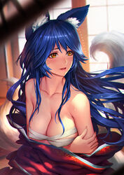 ahri animal_ears bandage blue_hair blush bra breasts cleavage collarbone erect_nipples facial_marks female female_only fox_ears fox_girl fox_tail fur furry_tail humanoid kimono large_breasts league_of_legends long_hair multi_tail multiple_tails neoartcore nipples nipples_visible_through_clothing off_shoulder open_clothes solo sweat tail wraps yellow_eyes