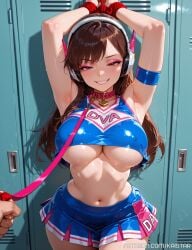 ai_generated big_boobs big_breasts blizzard_entertainment boobs breasts brown_eyes brown_hair cheerleader cheerleader_uniform collar d.va female high_resolution highres huge_boobs huge_breasts kaistar large_boobs large_breasts leash leash_and_collar leash_pull long_hair looking_at_viewer overwatch overwatch_2 patreon smile smiling underboob