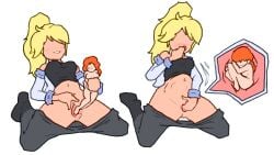 abdominal_bulge arm_warmers blushing bra ceilingsocket endosoma featureless_face feet_first female_on_female female_pred female_prey human human_on_human internal labia larger_female pulled_down_pants pushing_in sitting_on_knees size_difference smaller_female thighs two_panel_image unbirthing vagina vore