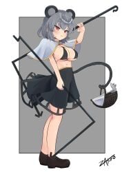 1girl 1girls 4_ears animal_ears animal_tail artist_name artist_signature bare_legs bare_shoulders bare_thighs basket belly belly_button big_breasts bikini bikini_top black_bikini black_shoes black_skirt blush blush_lines blushing blushing_at_viewer capelet cleavage extra_ears from_side full_body grey_background grey_hair half-dressed hi_res high_resolution highres looking_at_viewer miniskirt mouse mouse_ears mouse_girl mouse_tail navel nazrin rat rat_ears rat_girl rat_tail red_eyes shinonome_zakuro shore short_hair side_view signature simple_background skirt smile smile_at_viewer smiley_face sole_female solo solo_female solo_focus sparkle sparkles sparkling_eyes standing stomach tail touhou underwear youkai