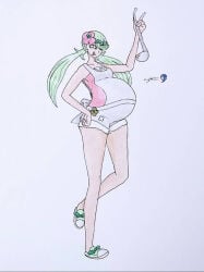 cyberiorr dark-skinned_female dark_skin drawing female female_only green_hair mallow_(pokemon) pokemon pokemon_sm pregnant pregnant_belly pregnant_female solo solo_female solo_focus trial_captain trial_captain_mallow