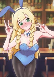 1girl agetateiageman alternate_costume animal_ears blonde_hair blue_hairband blue_leotard blurry blurry_background blush braid breasts cleavage closed_mouth collarbone commentary_request covered_navel cum cum_on_body cum_on_breasts detached_collar double_v fake_animal_ears green_eyes hairband hands_up indoors leaning_forward leotard lillie_(pokemon) long_hair pantyhose pokemon pokemon_sun_and_moon raised_inner_eyebrows solo twin_braids v