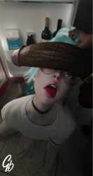 1boy 1girls 3d blue_hair dark-skinned_male generalbutch imminent_oral imminent_sex penis penis_awe penis_on_face