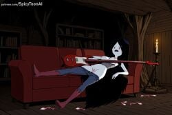 1girl acoustic_guitar adventure_time ai_generated black_hair electric_guitar guitar hi_res high_quality high_resolution holding_instrument instrument long_hair marceline music pants patreon playing_instrument seductive sexy sitting solo spicytoonai uncensored watermark