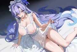 1girl :p apron arm_support ateoyh bar_censor blue_eyes blue_flower breasts cantarella_(wuthering_waves) censored cleft_of_venus collarbone commentary earrings fingernails flower hair_between_eyes hair_flower hair_ornament headdress highres jewelry large_breasts long_hair looking_at_viewer mole mole_under_eye nail_polish naked_apron nipples purple_hair purple_nails pussy see-through_apron see-through_clothes solo tongue tongue_out variant_set very_long_hair wuthering_waves