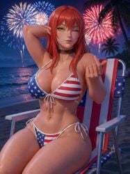 1girls ai_generated american_flag_bikini beach beach_chair bikini chair elf elf_ears elf_female elf_girl female fireworks freckles freckles_on_face ginger_female ginger_hair green_eyes hands_behind_head looking_at_viewer night nighttime one_eye_closed one_eye_open original_character outdoors outside pointed_ears pointy_ears sitting sitting_down sitting_on_chair tagme