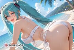 1girl ai_generated aqua_eyes aqua_hair ass beach bikini blue_eyes blue_hair breasts cloud day frills hatsune_miku large_breasts long_hair looking_at_viewer naughtygirlsai ocean open_mouth outdoors palm_tree sarong sideboob sky smile solo swimsuit tree twintails very_long_hair vocaloid wet white_bikini