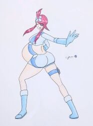 1girls blue_clothing blue_eyes cyberiorr drawing enjoying_pregnancy female gym_leader pokemon pokemon_bw pregnant pregnant_belly pregnant_female red_hair skyla_(pokemon) solo
