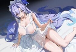 1girl :p apron arm_support ateoyh blue_eyes blue_flower breasts cantarella_(wuthering_waves) cleft_of_venus collarbone commentary cum cum_in_pussy earrings female female_only fingernails flower hair_between_eyes hair_flower hair_ornament headdress highres jewelry large_breasts long_hair looking_at_viewer mole mole_under_eye nail_polish naked_apron nipples purple_hair purple_nails pussy see-through_apron see-through_clothes solo tongue tongue_out uncensored very_long_hair wuthering_waves