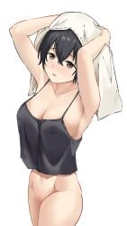 1girl black_camisole black_hair blush bottomless breasts brown_eyes camisole chang_chin-lan commentary_request covered_nipples drying drying_hair happybathroom highres holding holding_towel kamiina_botan_yoeru_sugata_wa_yuri_no_hana large_breasts navel parted_lips pussy short_hair simple_background solo towel white_background
