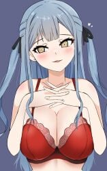 1girls artist_request asymmetrical_bangs ave_mujica_(bang_dream!) bang_dream! bang_dream!_it's_mygo!!!!! big_breasts blue_hair bra breasts clevage collarbone double-parted_bangs embarrassed eyebrows_visible_through_hair female female_only floral_print floral_print_bra hair_ribbon hands_on_chest heart hi_res interlocked_fingers lace-trimmed_bra large_breasts long_hair looking_at_viewer open_mouth own_hands_clasped parted_lips portrait purple_background red_bra red_underwear simple_background smile solo togawa_sakiko two_side_up underwear underwear_only upper_body upper_body_only yellow_eyes