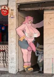 absurd_res anthro areola avian balls biped bottomwear breasts bulge clothed clothing cumbread detailed_background duo genitals gynomorph gynomorph/male hair hi_res intersex intersex/male larger_gynomorph larger_intersex male nipples outside penis pink_body pink_hair size_difference topwear