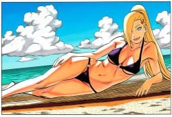 accurate_art_style accurate_body_type ai_generated beach big_breasts bikini bikini_bottom bikini_top blonde_hair gnomro ino_yamanaka laying_on_side manga_style masashi_kishimoto_style naruto naruto_(series) outdoors outside