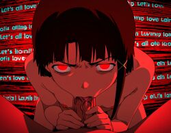 abused ai_generated brown_hair clothes_lift clothes_pull gangrape grabbing_from_behind lain_iwakura red_eyes red_lighting serial_experiments_lain small_breasts surrounded_by_men