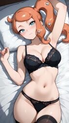 1girls ai_generated black_lingerie black_thighhighs blush blushing_female creatures_(company) female female_only green_eyes light-skinned_female light_skin lingerie lingerie_only looking_at_viewer nintendo on_back on_bed pokemon pokemon_swsh red_hair redhead self_upload solo solo_female sonia_(pokemon) thighhighs
