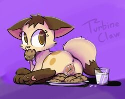 ambiguous_fluids animal_genitalia animal_vulva anus bodily_fluids butt canid canine canine_genitalia canine_vulva chest_tuft cookie cup_of_milk dipstick_limbs dipstick_tail dripping dripping_milk droplets female feral food food_in_mouth fox fur fur_tuft genitals head_tuft highlights_(coloring) leg_markings lying mammal markings milk milk_covered pawpads plate presenting presenting_vulva shatterstone soaked solo tail tail_markings thigh_markings tuft turb_(turbineclaw) vulva water_drop