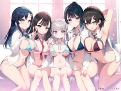 5girls :q aoharu_x_fetishism aqua_bra aqua_eyes aqua_panties arm_behind_head arm_up armpits between_breasts black_hair black_nails blue_bra blue_eyes blue_hair blue_nails blue_panties blunt_bangs blush bow bow_bra bow_panties bowtie bra breast_press breasts brown_eyes brown_hair collared_shirt copyright_name couch crescent crescent_hair_ornament cube_hair_ornament ear_piercing expressionless fingernails grey_hair grin hair_between_eyes hair_bow hair_ornament hairclip half_updo hand_on_another's_shoulder hand_on_another's_thigh hand_on_own_chest hand_on_own_thigh head_tilt high_ponytail highres indoors kat_(bu-kunn) kneeling knees_together_feet_apart large_breasts long_hair long_sleeves looking_at_viewer mole mole_on_breast multicolored_nails multiple_girls navel neck_ribbon necktie on_couch open_clothes open_shirt panties petite piercing pink_bra pink_panties ponytail purple_bra purple_eyes purple_panties ribbon school_uniform shirt short_hair sidelocks sitting smile strap_gap sweat take_your_pick thong tongue tongue_out twintails underwear v very_long_hair white_shirt