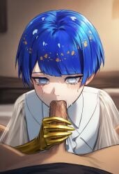 ai_generated blue_hair empty_eyes fellatio handjob houseki_no_kuni land_of_the_lustrous metallic_body phosphophyllite pov see-through_clothing tears