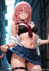 1girl ai_generated alley bangs bare_shoulders black_bow black_bra black_panties blue_skirt blush bow bra braid breasts cameltoe choker clothes_lift cowboy_shot hair_between_eyes hair_bow highleg highleg_panties kanojo_okarishimasu kermixx long_hair looking_at_viewer medium_breasts navel necktie necktie_between_breasts off_shoulder open_clothes open_shirt outdoors panties pink_eyes pink_hair pleated_skirt red_necktie sakurasawa_sumi shirt single_braid skindentation skirt skirt_lift solo standing thigh_strap underwear wet wet_clothes white_shirt