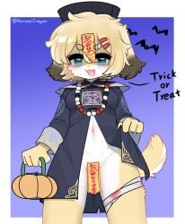 1girl :3 :d animal_ears bandaged_leg bandages black_dress black_hat blonde_hair blue_background blue_eyes blush breasts clothes_lift commentary cowboy_shot crayon_(crayon1006) dog_ears dog_girl dog_tail double-parted_bangs dress dress_lift english_commentary eye_contact fang furry furry_female gradient_background hair_between_eyes hair_ornament hairclip halloween halloween_bucket hat highres holding holding_halloween_bucket lifting_own_clothes long_sleeves looking_at_viewer maebari navel ofuda ofuda_on_head ofuda_on_pussy open_mouth original parallel_hairclips pussy_juice short_hair small_breasts smile solo tail thick_eyebrows trick_or_treat twitter_username yellow_fur