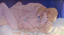 1boy 1girl blanket blonde_hair blue_eyes bow braid breasts completely_nude curtains ear_piercing game_asset gizeld hair_bow hand_on_another's_chest hand_on_another's_hip hand_on_another's_shoulder harihara_hari hetero indoors jellyfish_cut long_hair looking_at_another nipples nude official_art on_bed pectorals philia_kartner piercing pillow sex sky sweatdrop the_goddess_of_tears_~restoration~ vaginal visual_novel_cg white_bow