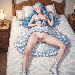 1girl ai_generated ass_visible_through_thighs bare_legs bed bed_sheet bedroom blue_hair blush bobby_socks bow bow_panties braid breasts cameltoe closed_eyes closed_mouth clothes_lift collarbone drawer dress dress_lift feet forehead french_braid frilled_dress frilled_pillow frills indoors lamp legs long_hair lying medium_breasts nefertari_vivi nightgown nipples on_back on_bed one_breast_out panties pillow pussy see-through sleeping socks solo spread_legs thighs underwear wavy_hair white_dress white_panties white_socks wooden_floor