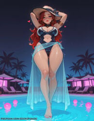 1girl 1girls ai_generated bikini blush boobs breasts breasts, camel_toe cameltoe cleavage clothed clothed_female curvy ecchipeachi female female_focus female_only focus fully_clothed hat large_breasts league_of_legends league_of_legends:_wild_rift miss_fortune nipples nipples_covered nipples_visible_through_clothing one_piece_swimsuit pool pussy sfw solo solo_female solo_focus sweat teeth tight_clothes tight_clothing uncensored water