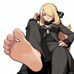 1girls ai_generated barefoot creatures_(company) cynthia_(pokemon) dutch_angle feet female female_only foot_fetish foot_focus from_below game_freak looking_at_viewer low-angle_view nintendo pixel_art pokemon pokemon_bdsp pokemon_dppt self_upload soles solo solo_female toes