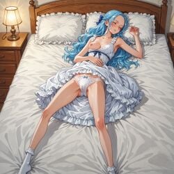 1girl ai_generated ankle_socks armpits ass_visible_through_thighs bare_legs bare_shoulders bed bed_sheet bedroom blue_bow blue_hair blush bobby_socks bow bow_panties braid breast_slip breasts cameltoe closed_eyes closed_mouth clothes_lift collarbone drawer dress dress_lift forehead french_braid frilled_dress frilled_pillow frills indoors lamp legs long_hair lying medium_breasts nefertari_vivi nightgown nipples on_back on_bed one_breast_out panties pillow sleeping socks solo thighs underwear wavy_hair white_dress white_panties white_socks