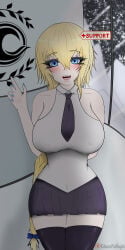 blonde_hair blue_eyes blue_nails braided_hair braided_ponytail fate/apocrypha fate/grand_order fate_(series) fully_clothed gameplay_mechanics jeanne_d'arc_(fate) kitsune_no_shujin large_breasts nipples_visible_through_clothing patreon_username self_upload short_skirt smile thighhighs tie