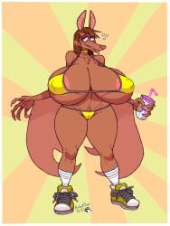 anthro areola_slip bat bikini breasts brown_hair fangs female huge_breasts nipple_bulge red_eyes robotjoe thick_thighs tongue_out wide_hips