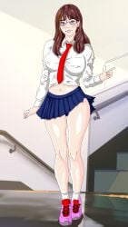 1girls amyaminouraaka blue-framed_eyewear blue_skirt lips looking_at_viewer navel necktie nipple_bulge pleated_skirt shiny_skin shoes socks solo tie