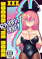 1girl absurdres animal_ear_hairband animal_ears bare_arms bare_shoulders black_leotard blue_eyes blush blush_stickers bocchi_the_rock! breasts content_rating cover cover_page cube_hair_ornament doujin_cover embarrassed fake_animal_ears fishnet_pantyhose fishnets gotoh_hitori hair_between_eyes hair_ornament hair_tie hairband hand_over_heart hands_on_own_chest highres jarvidtakero large_breasts leotard long_hair looking_at_viewer no_bra nose_blush one_side_up pantyhose pink_hair playboy_bunny rabbit_ears signature strapless strapless_leotard