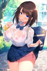 1girl :d bag blue_bow blue_eyes blue_skirt blush bow bra bra_visible_through_clothes breasts brown_hair bush button_gap clothes_lift clothes_pull cobblestone collared_shirt curvy day dress_shirt fountain hair_ornament hairclip highres kat_(bu-kunn) large_breasts medium_hair melonbooks miniskirt open_mouth original outdoors panties pink_bra pink_panties pleated_skirt polka_dot polka_dot_scrunchie school_bag school_uniform scrunchie see-through_clothes shirt shirt_pull side-tie_panties skirt skirt_lift sleeves_rolled_up smile solo standing sweat thick_thighs thighs tree underwear wet wet_clothes white_shirt wrist_scrunchie yellow_scrunchie