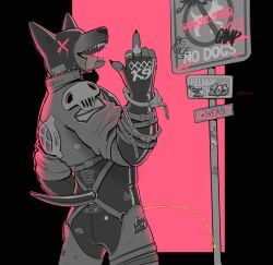 2024 anthro canid canine chain_accessory clothed clothing english_text fully_clothed gesture hacony hand_gesture hi_res humanoid jacket latex latex_clothing latex_mask leather leather_clothing leather_jacket leather_topwear looking_at_viewer male mammal mask middle_finger overalls peeing pink_background pinup pose simple_background skull_symbol smile solo tail text three-quarter_view tongue tongue_out topwear