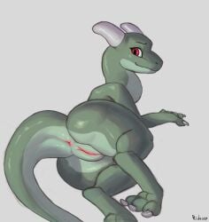 anus butt claws countershading dragon eyebrows eyelashes female feral genitals green_body hi_res horn looking_at_viewer looking_back mythological_creature mythological_scalie mythology presenting presenting_hindquarters presenting_vulva rear_view red_eyes ridasep scalie simple_background solo tail vulva white_claws white_horn